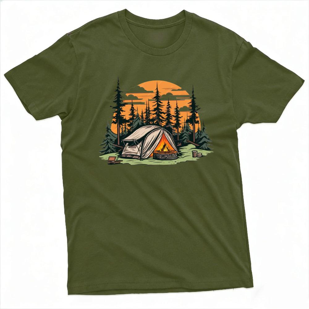Sunset Forest Camp Tent Bonfire Graphic Tee Unisex Cool Outdoor Lifestyle T Shirt Relaxing Nature Vacation Clothes Tops