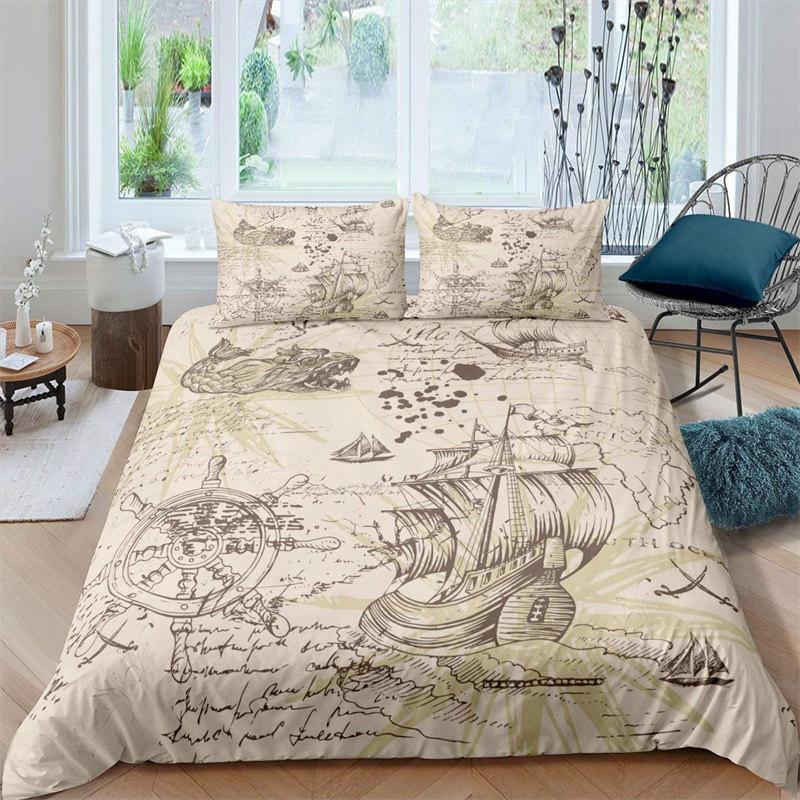 Vintage Pirate Sailboat Duvet Cover Nautical Ocean Theme Bedding Set Microfiber Diablo Style Comforter Cover King For Boys Teens