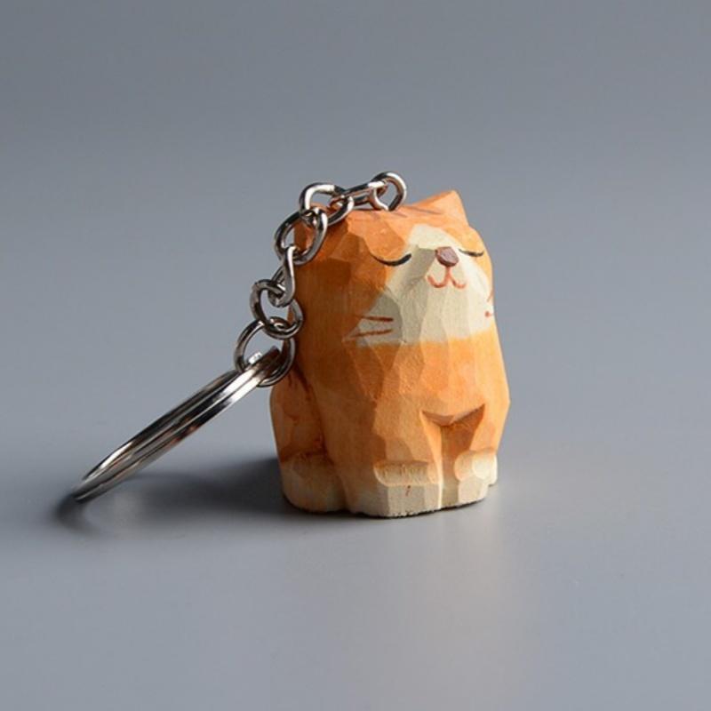 Funny Handmade Carved Wooden Cat Keychain Creative Pendant Non-toxic Material Unisex Keyring for Daily Key Organize