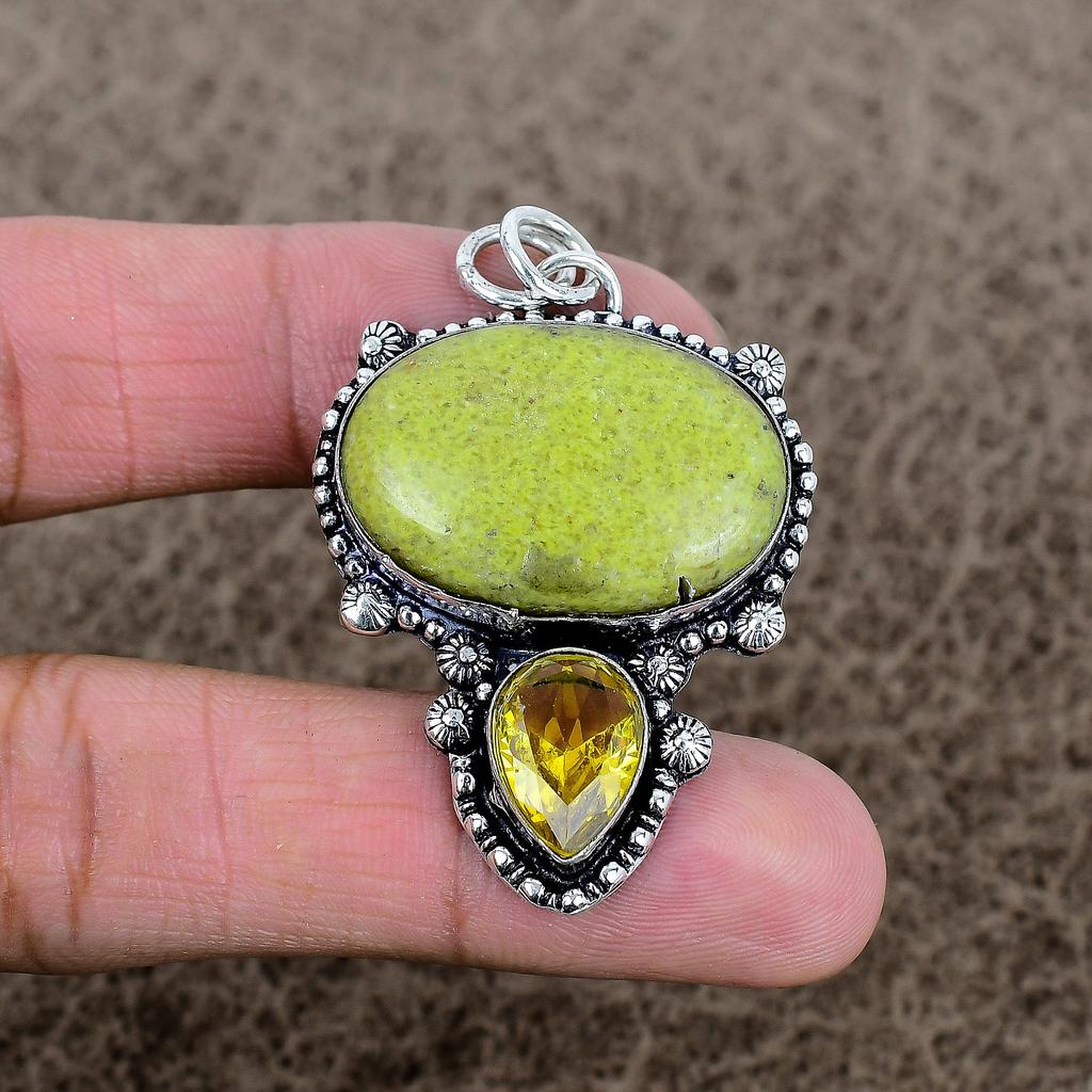 Green Opal, Citrine Gemstone 925 Sterling Silver Jewelry Pendant 2.05" KKG-350