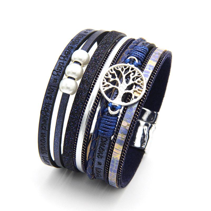 Women's Classic Woven Leather Bracelet with Tree of Life Pendant and Pearls