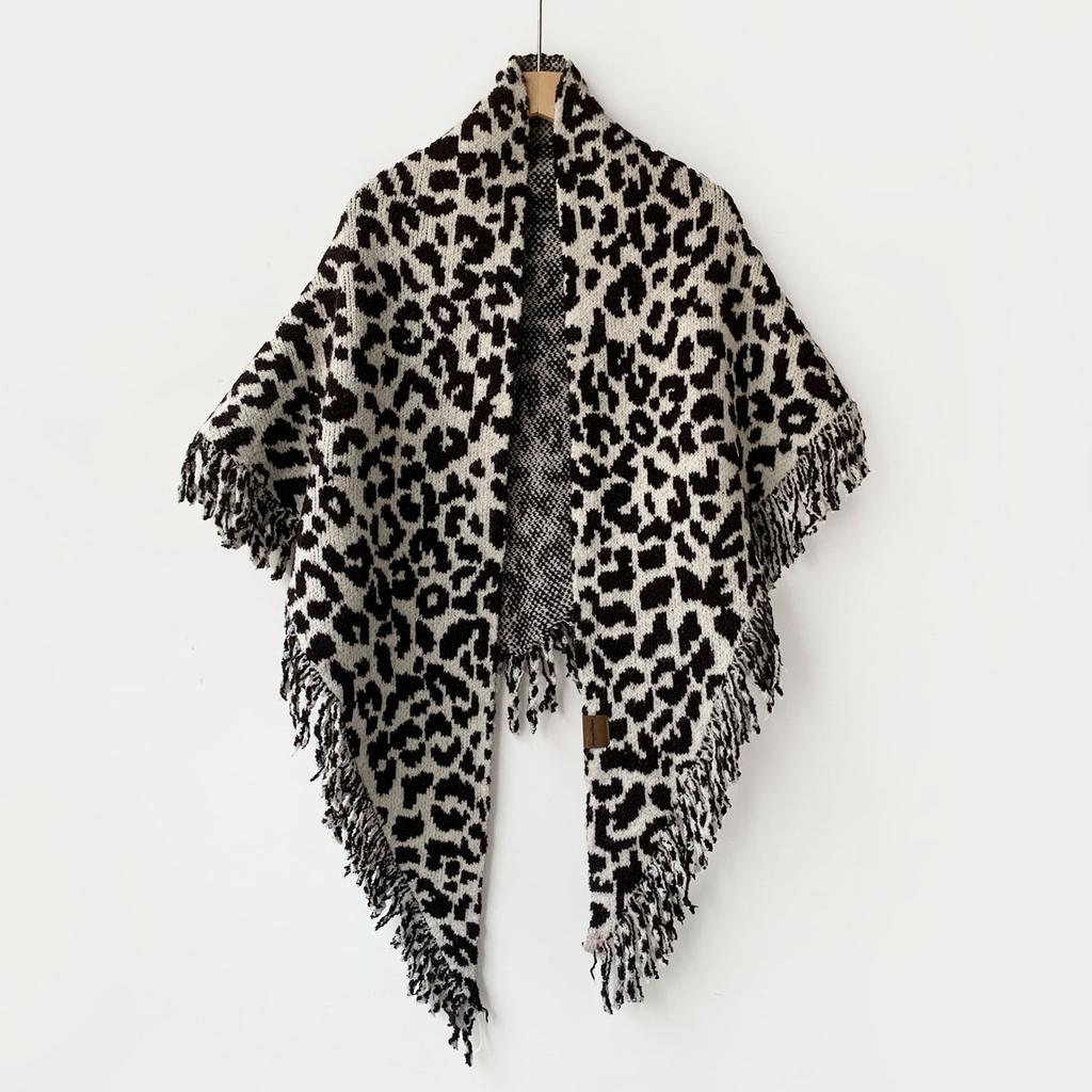 Tassel Knitted Triangular Shawl Leopard Print Autumn And Winter Wool Blended Warm Scarf Premium Neck Cape