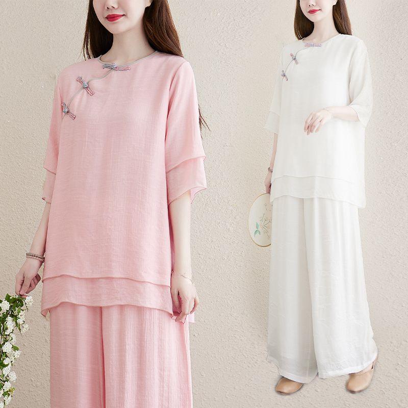 Ensemble 2 pièces Style Chinois pour Femme, Tenue de Yoga, Vêtement de Méditation Bouton Grenouille en Lin, Costume Laïque Bouddhiste Respirant d'Été