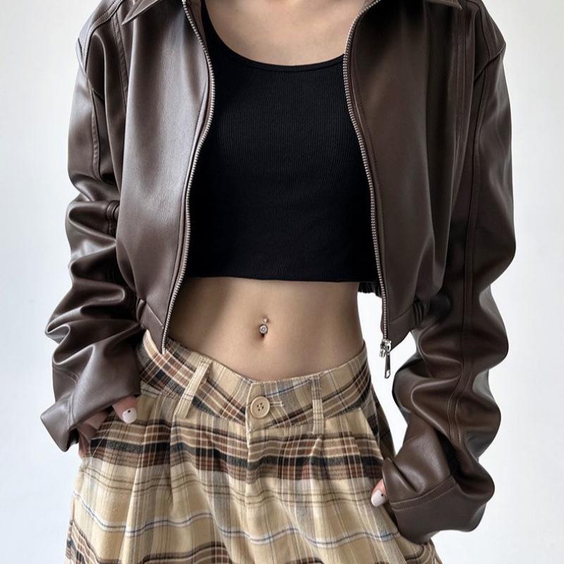 Women's American Retro Leather Jacket - Long Sleeve, Turn-Down Collar, 2025 Spring/Autumn, Sweet Cool Girl Motorcycle Style, Short Top