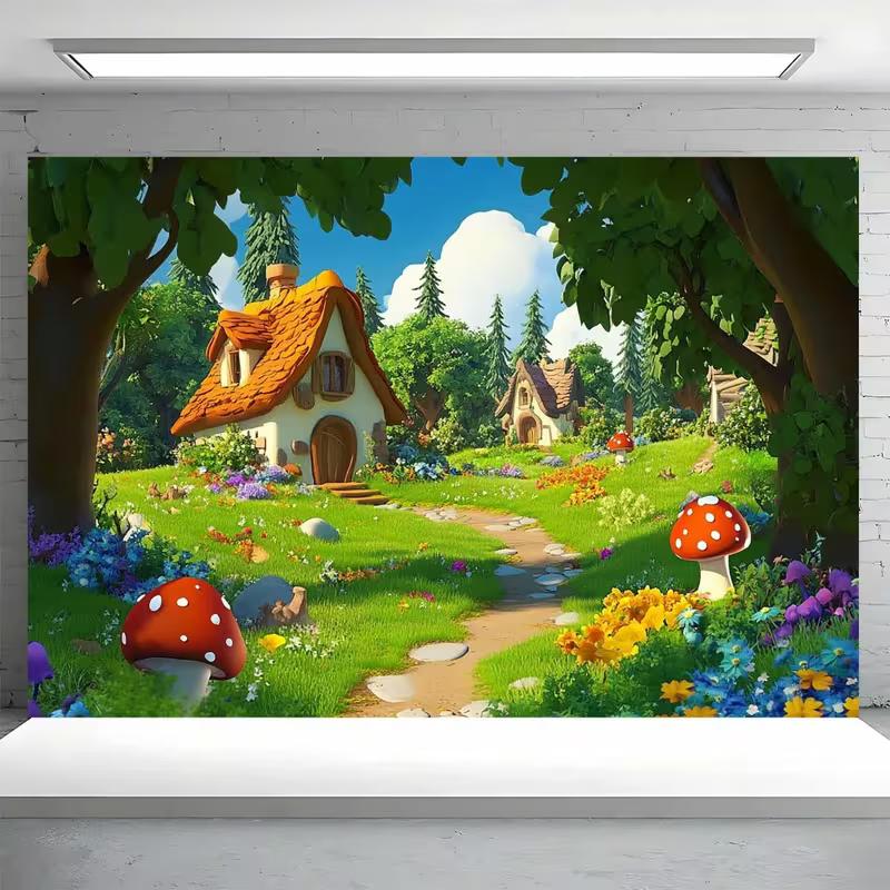 Storybook Themed Party Backdrop with Colorful Flowers and Elf House 47.2x31.5inch/120*80cm