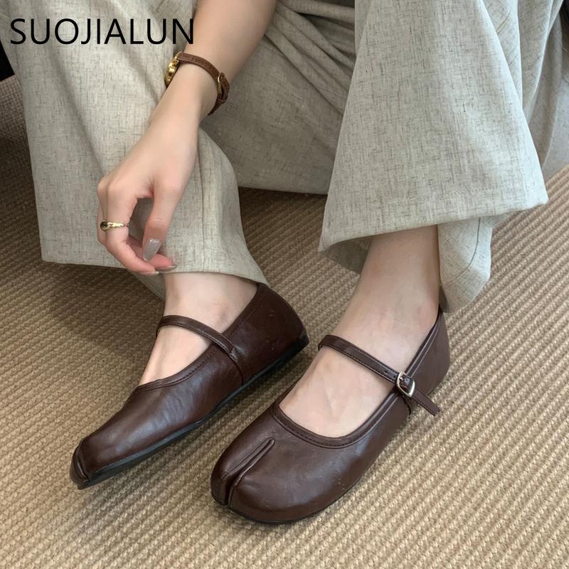 Fashion SUOJIALUN 2025 Autumn Women Flat Shoes Fashion Split Toe Slip On Mary Jane Ballet Shoes Soft Flat Heel Outdoor Casual Single Sh