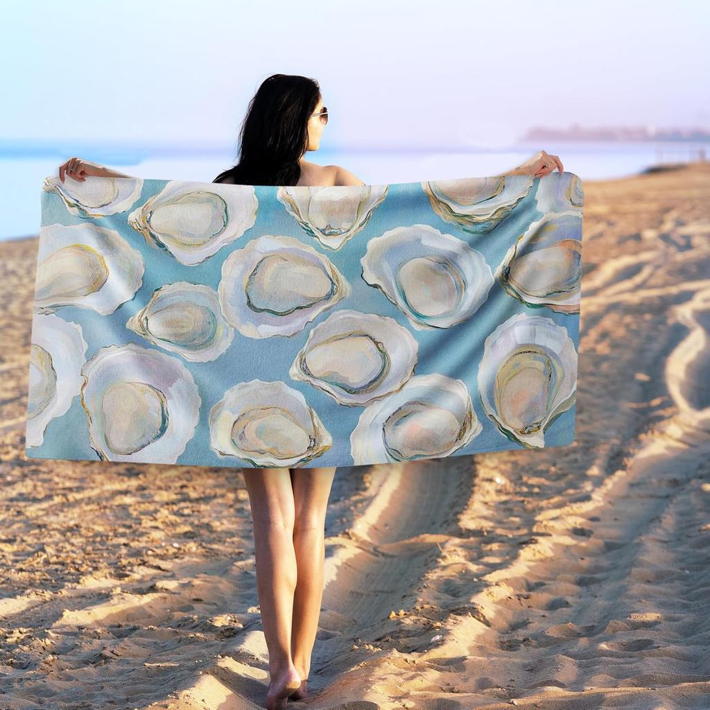 Blue Coastal Oysters Beach Towel, East Coastal Bathroom Decor, Trendy Beachy Sand Beach Towels Gifts for Women, Nautical Oyster Quick Dry Bath Pool
