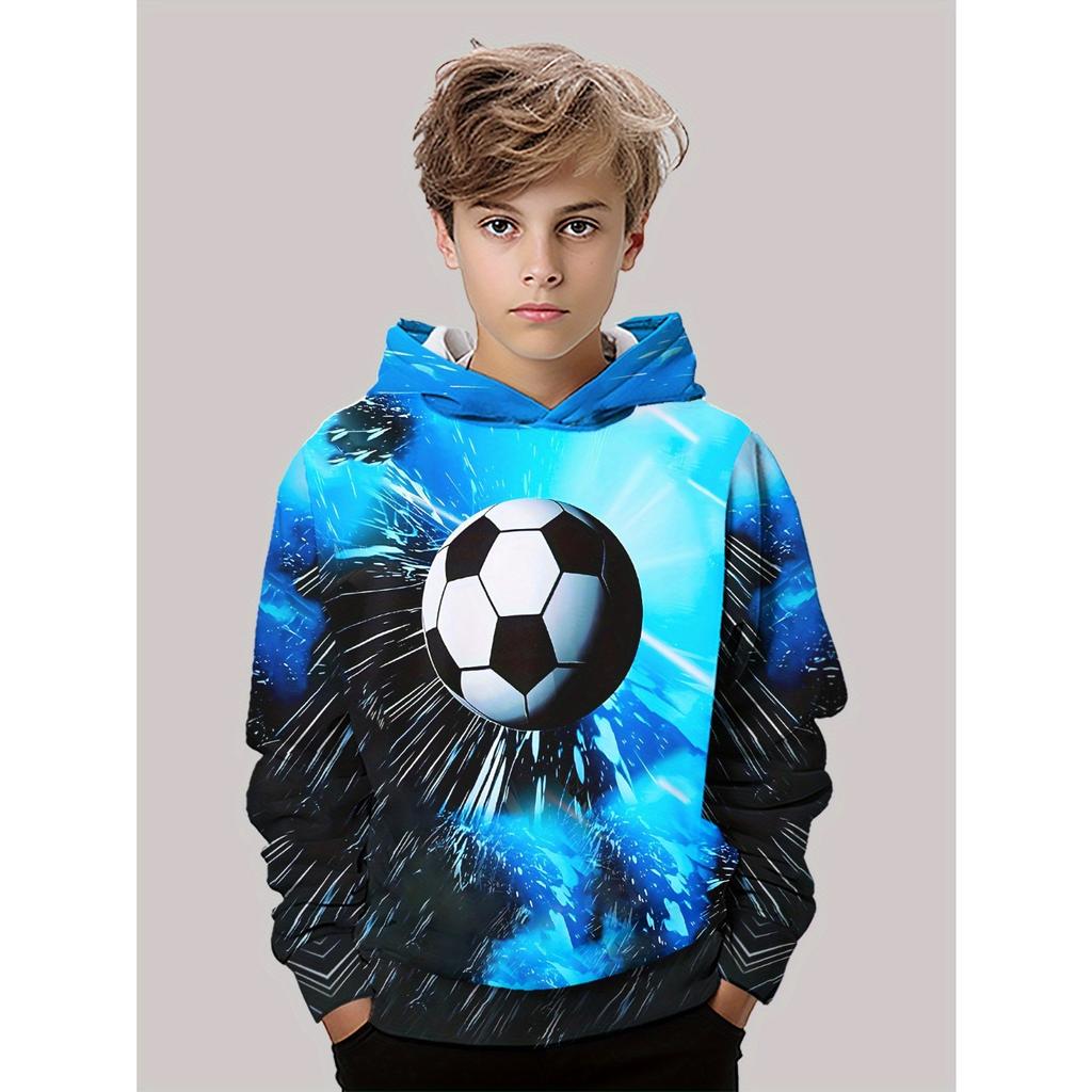3D Digital Printed Trendy Football Pattern Hoodie, Fashionable Casual Children's Clothing, Suitable for Boys To Go Out, Perfect Gift