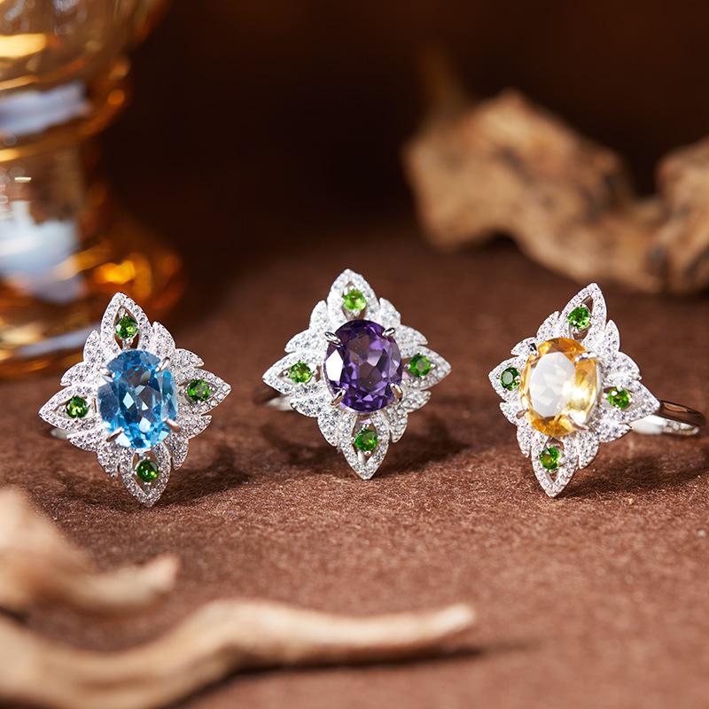 Natural Amethyst, Citrine, and Topaz Gemstone Ring for Women in S925 Sterling Silver