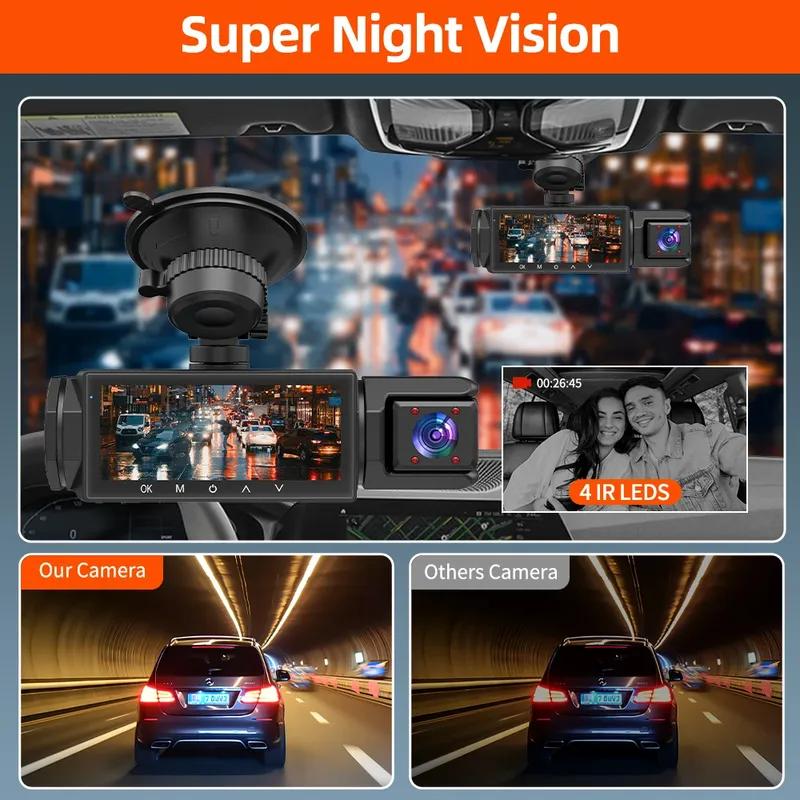 3.16" Triple Lens Dash Cam for Taxi & Commercial Vehicles - 3-Way Front/Interior/Rear Loop Recording
