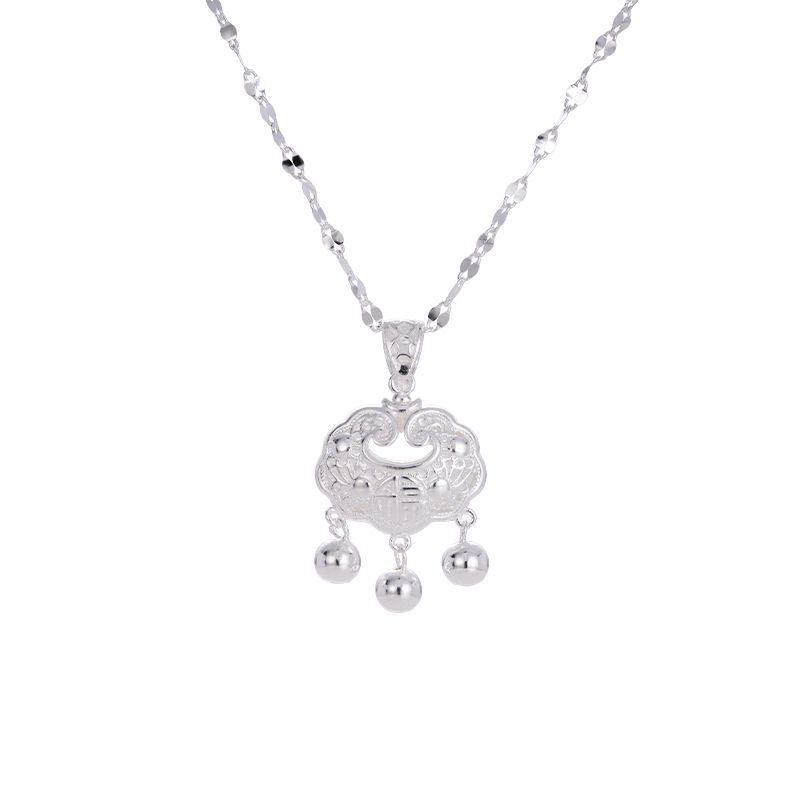 Fortune Lock Bag, Safe Lock Silver Necklace, Women's National Fashion Bell, Hollow Long Life Lock Pendant, Versatile