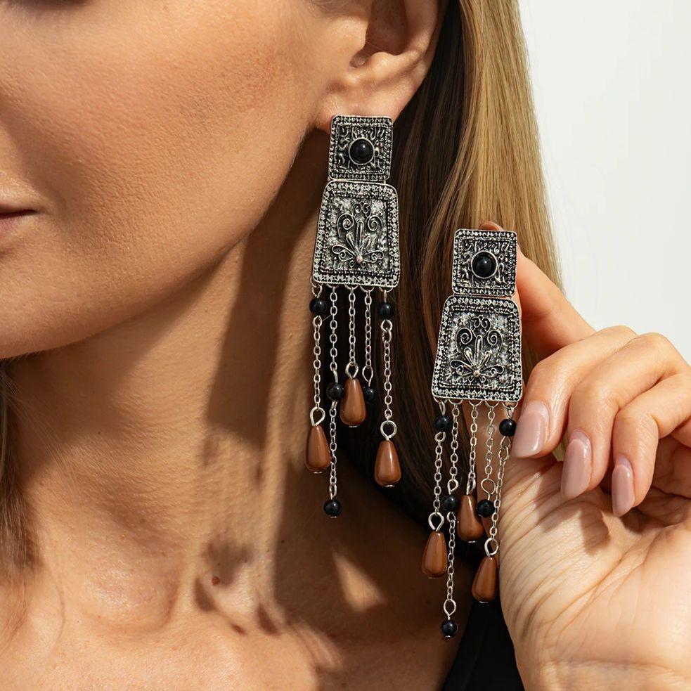 Salircon Vintage Geometric Engraved Flower Tassel Drop Earring Woman  Trendy Charm Square Metal Pendant Earring Jewelry Gift