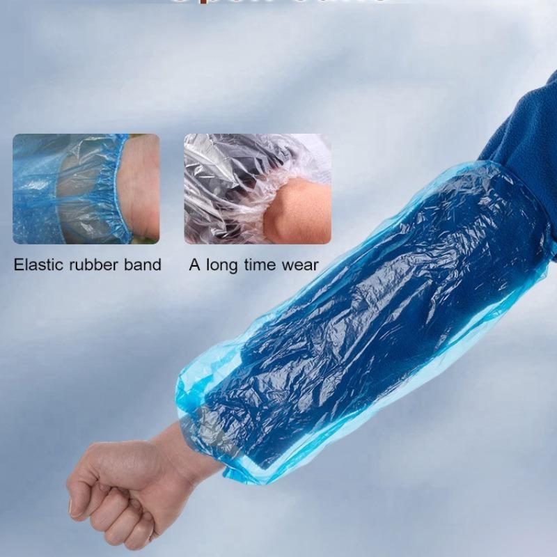 100 Pcs Protective Waterproof Disposable Plastic Arm Sleeves Covers Oversleeves Oil-Proof with Elastic Wrist Kitchen Restaurant