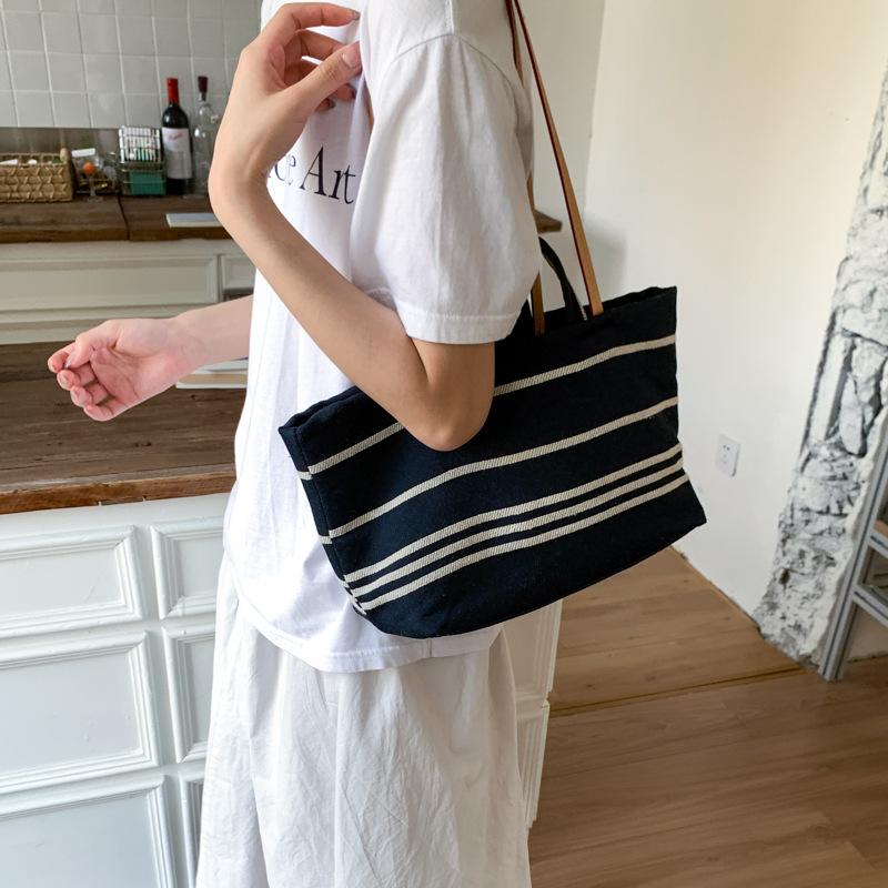 Women's Bag New Fashion Striped Casual Tote Bag Simple Commuting Versatile Contrasting Color Large Capacity Trendy Canvas Bag