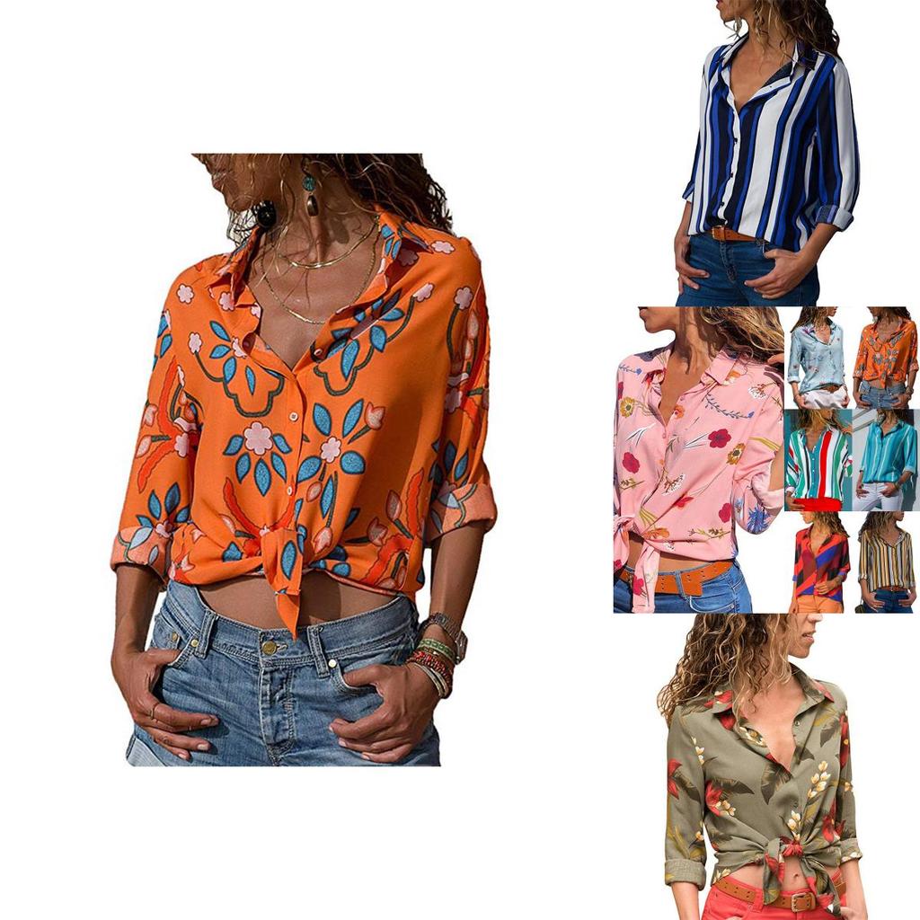 Women Autumn Striped Floral Long Sleeve Button V Neck T Shirt Casual Blouse Tops For Effortless Style And Comfort