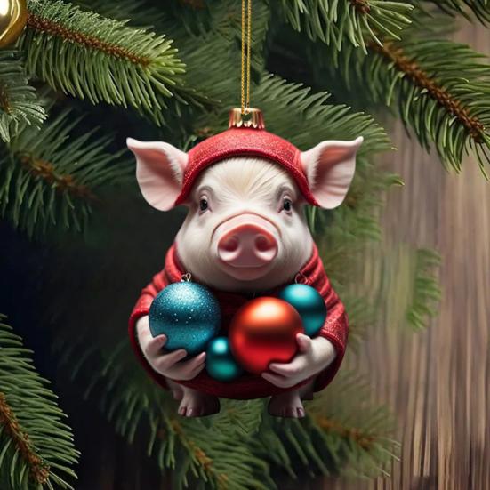 

10 шт. Рождественская подвеска в виде свиньи, мультяшная свинья, держащая шарики, подвесные украшения 2D