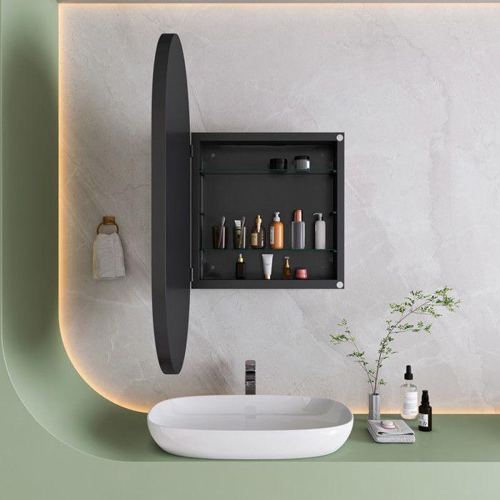 Eleganter ovaler Spiegel, integrierter Spiegelschrank, Wandmontageschrank mit Metallrahmen, schwarz