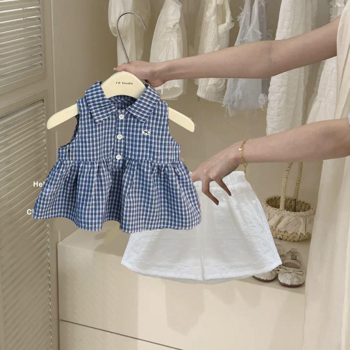 Girls Blue Checkered Sleeveless Top and Shorts Set with Notched Collar for Summer 80