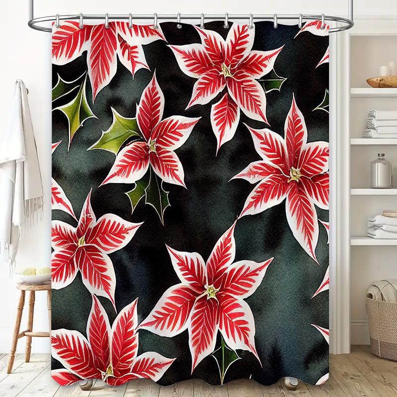 Artistic Shower Curtain with Red White Poinsettias for Christmas Decorations in Bathroom Watercolor Print Bath Mat Decoration Co