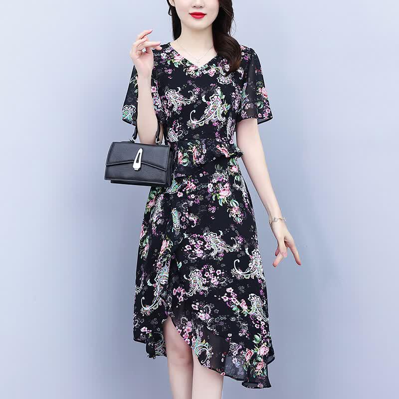Elegant Wrinkle-Resistant Floral V-Neck A-Line Dress