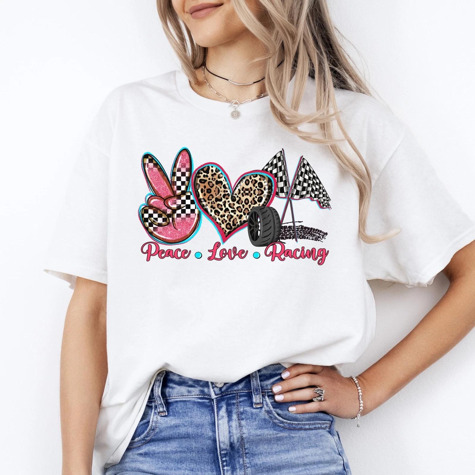 Peace Love Racing T-shirt gift Racer mama Leopard skin heart tee S