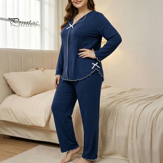Breathable Sleepwear for Daily Use Women's Plus Size Pajama Set, Long Sleeve Top And Pants Cozy Loungewear Women with Bow, Ruffle 2 Piece Soft Pjs Set