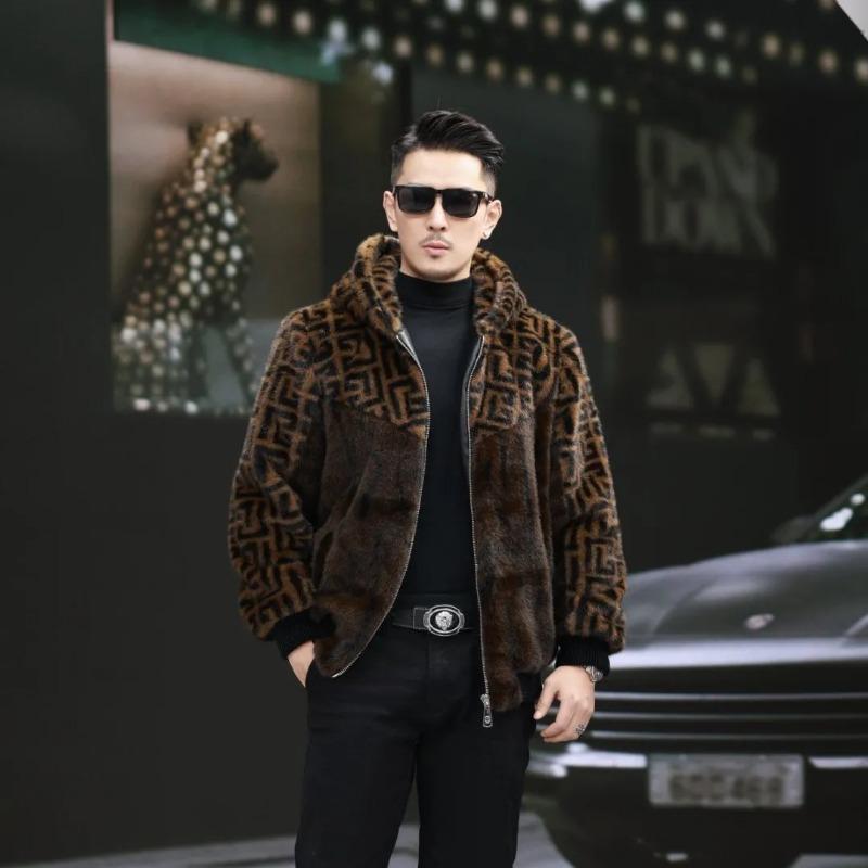 Herr lyxig monogram fuskpälsjacka med ståkrage, dragkedja, varm vinterkappa