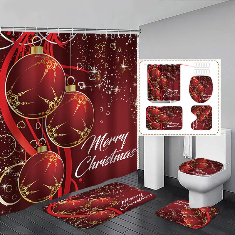 4pcs Full Set Red Golden Christmas Shower Curtains Snowman Print Curtain 2025 New for New Year Bathroom Decoration With Hooks