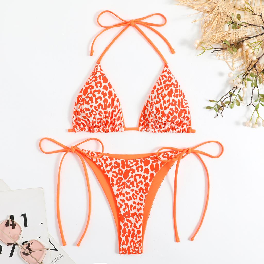 European and American Nylon Double-sided Printing Women's Sexy Lace-up Triangle Bikini Swimsuit Swimsuit