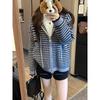 Kumikumi Idle Style Stripes Hooded Zipper Knitting Sweater Women Fall Easiest for Match Loose Slim-Fit Casual Shirt