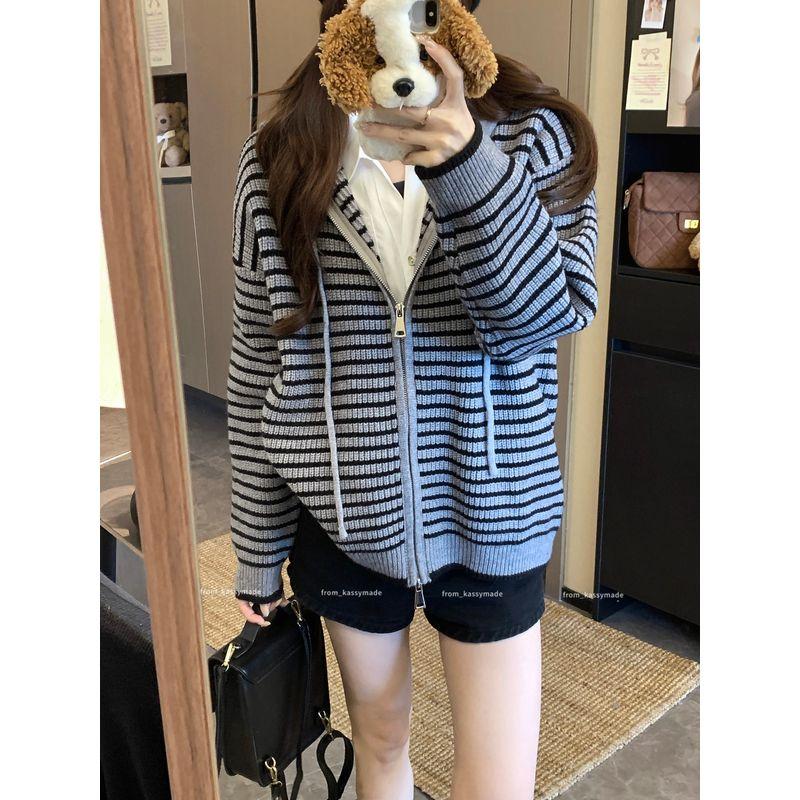 Kumikumi Idle Style Stripes Hooded Zipper Knitting Sweater Women Fall Easiest for Match Loose Slim-Fit Casual Shirt