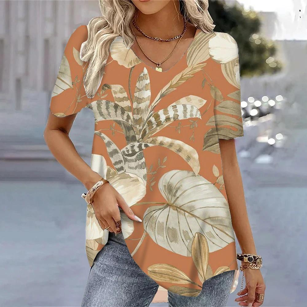 Letné V-výstrih Krátky rukáv Tričká 3D Kvetinová potlač Voľné Bežné Tričká Cool Denné Streetwear Blúzka Pre Dámy S-8XL