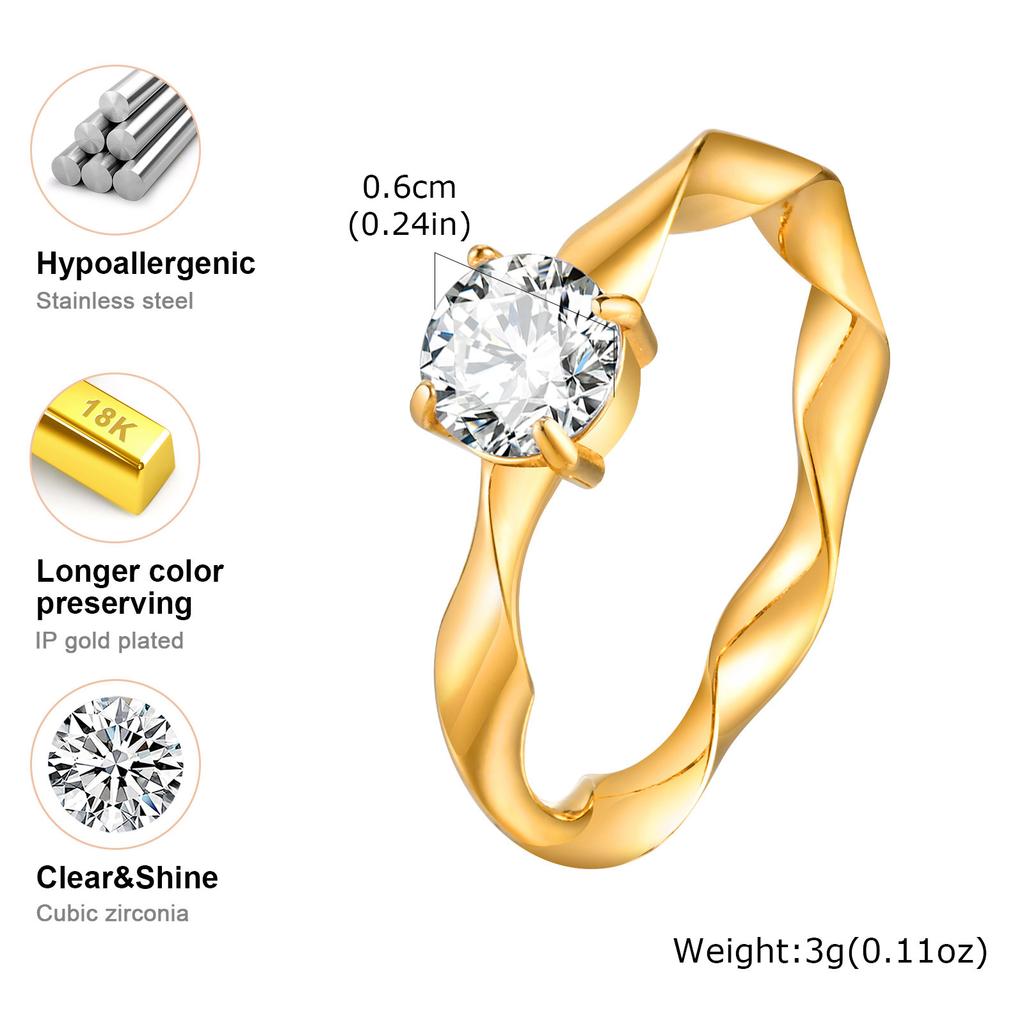 Vnox Inel Solitar pentru Femei, Bandă de Nuntă/Logodnă Răsucită din Oțel Inoxidabil Placat cu Aur, Inel Promisiune cu Piatră CZ AAA, Cadou pentru Soție
