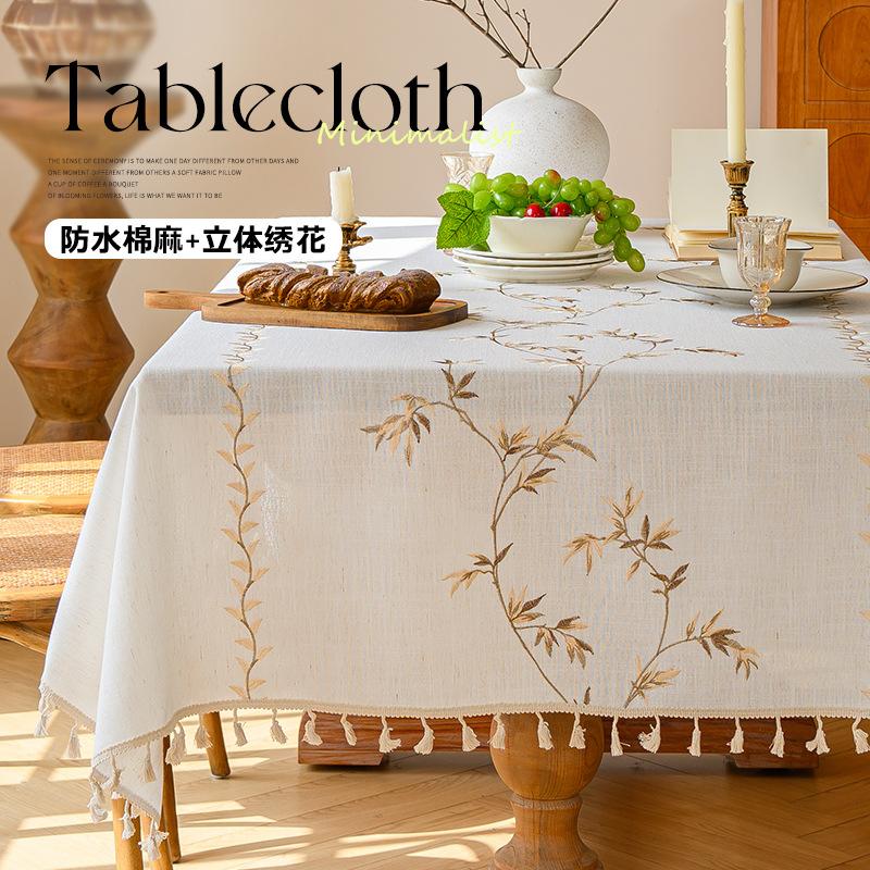 Cotton Linen Table Cloth Heavy Duty Embroidery Tablecloths Farmhouse Tablecloth Soft and Wrinkle Free Table Cover with Tassels