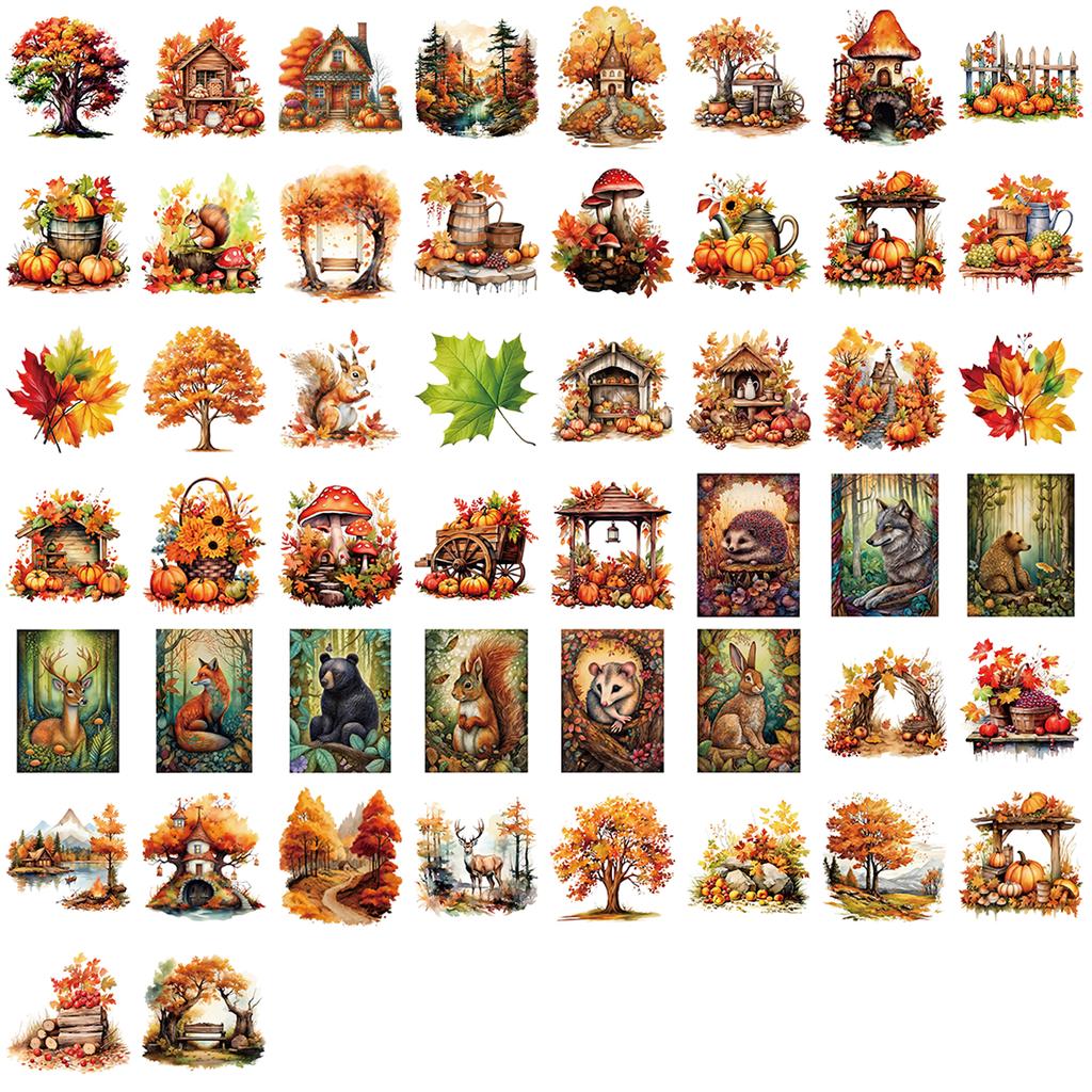 50pcs Vintage Autumn Forest Animal Plant Stickers School Stationery Decals Notebook Luggage Phone Fridge Waterproof Stickers