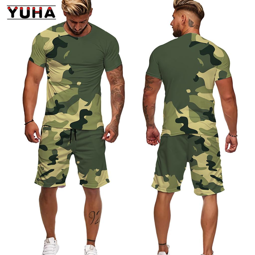 YUHA 2022 Summer Camouflage Tees/Shorts/Suits Men's T Shirt Shorts Tracksuit Sport Style Outdoor Camping Hunting Casual Mens Clo