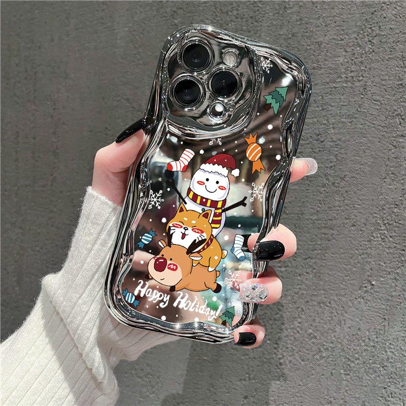 Roztomilý Merry Christmas Pattern Mirrror Shockproof Phone Case pro iPhone 15 Pro Max 14 13 Pro 12 11 Wave Frame Ochrana čočky Lesklé pokovování měkký kryt