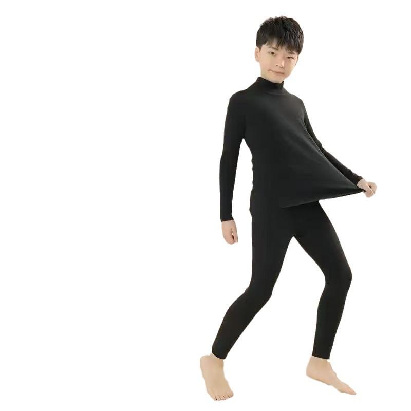 Kids' Double-Sided Fleece Warm Set: High Collar, Cold Protection, Autumn Top & Bottom, Medium/Large Sizes