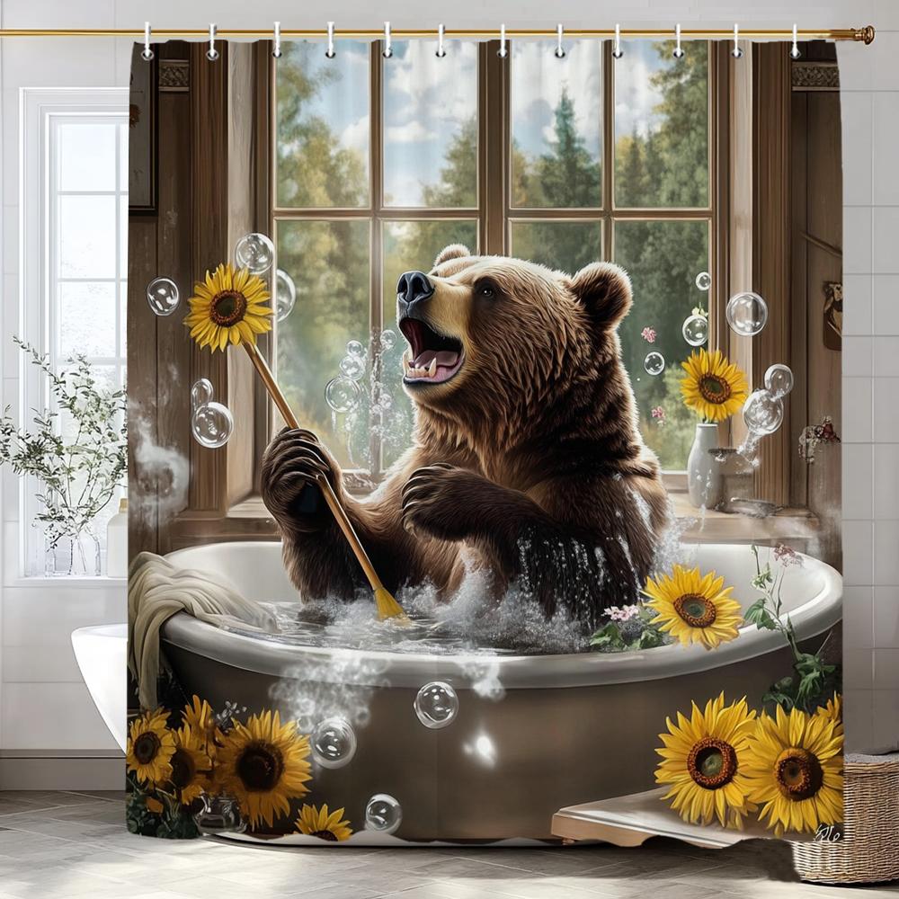 Fun Bathing Bubble Bear Animal Print Shower Curtain, Polyester Shower Curtain With Hooks For Bathroom Decorative Shower Curtain