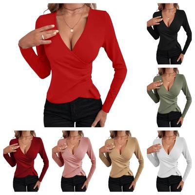 2023 Asymmetrical V-neck Buttoned Slim-fit Women's T-shirt - Elegant & Sexy Style