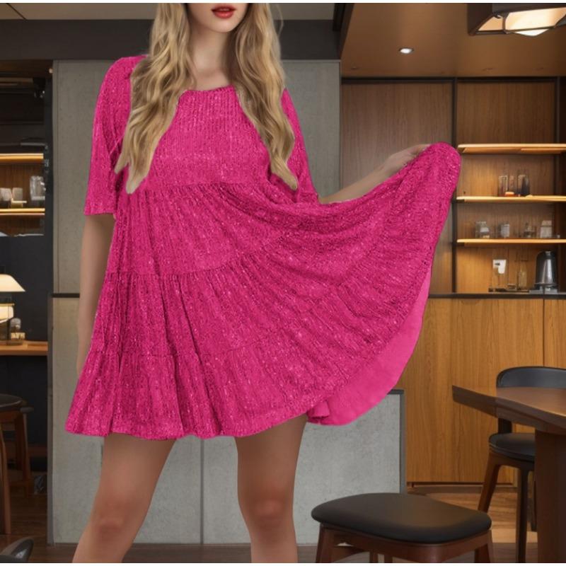 Women's New Fashion Round Neck Loose Waist Short Sleeve Short Dresses Sequin Dresses