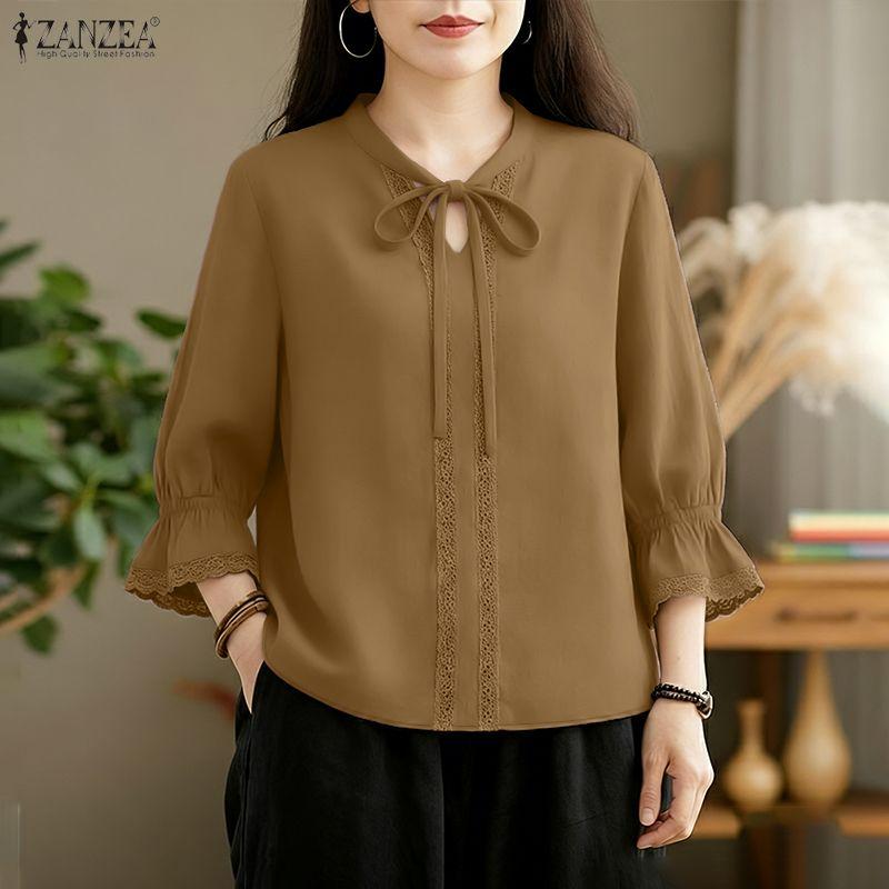 ZANZEA Womens Round Neck Casual 3/4 Sleeve Lace Patchwork Blouse
