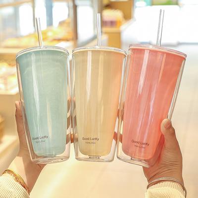 Pahare de plastic fără BPA de 750 ml, cu capace și paie, sticlă de apă cu strat dublu, pentru băut cafea, cană, suc, lapte, paie, sticlărie