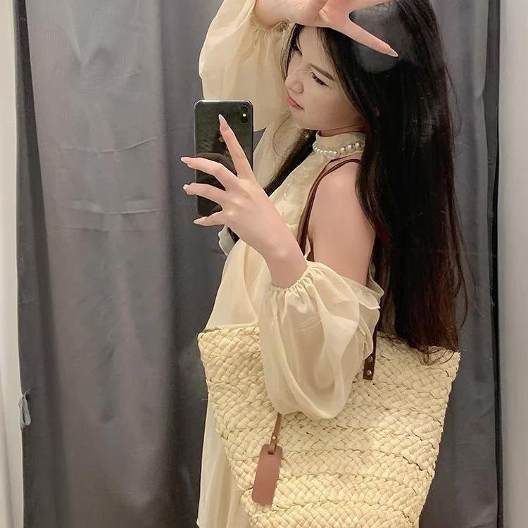 French Pearl Off-the-Shoulder Halter Mini Dress - Women's Summer 2026, Sweet Petite Style