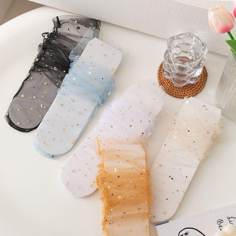 5Pairs Star Moon Tulle Shiny Socks Mid-calf Mesh Tube Socks Women Soft Transparent Bow Socks  Girl