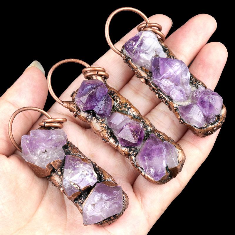 Natural Raw Stone Amethyst Cluster Bronze Inlaid Gemstones Pendants & Charms for Jewelry Making DIY Fashion Necklace Crafts