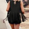 Women Vintage Sleeveless Faux Suede Fringe Vest Rivets Leather Western Boho Tassel Jacket Open Front Hippie Cardigan