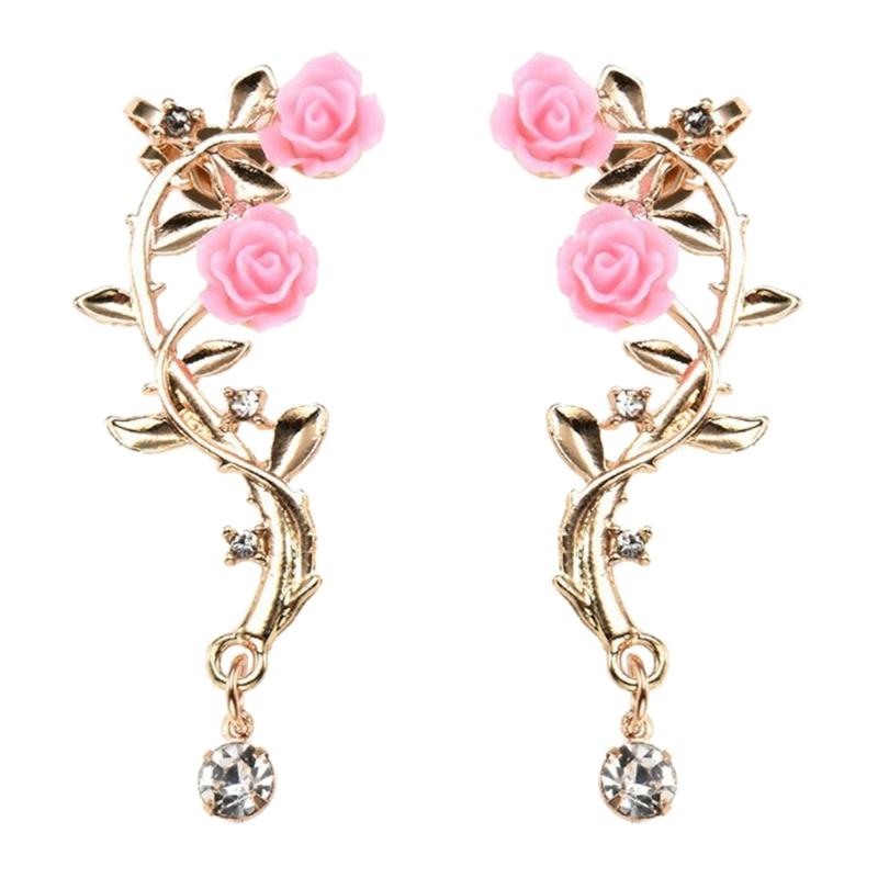 Vintage Rose Flower Cuff Earrings Trendy Rose Flower Climber Crawler Earrings Sparkly Metal Leaf Ear Cuff for Women Girl