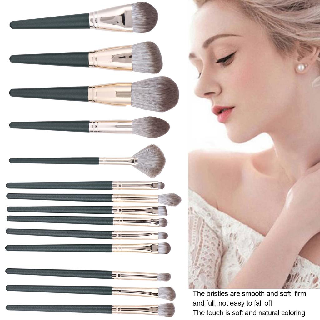 14Pcs Makeup Brush Set Dark Green Beginner Cosmetic Powder Blusher Eyeshadow Blending Tool