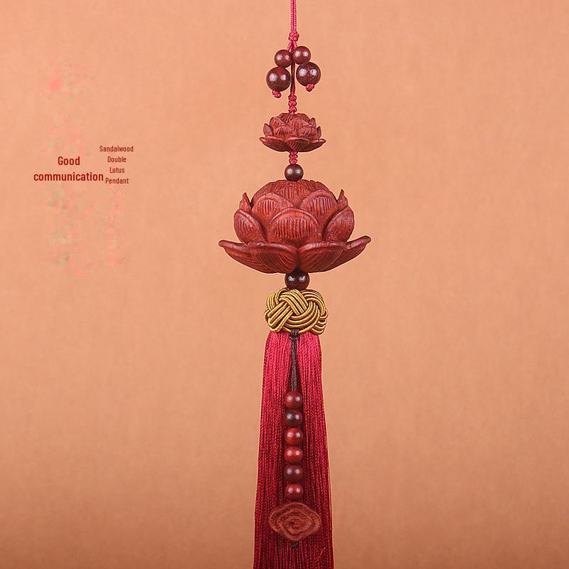 "Sandalwood Double Lotus Rearview Mirror Pendant - High-End Car Interior Accessory"